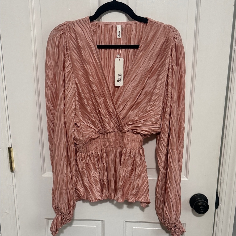 glam Pink Pleated V-Neck Long Sleeve Blouse